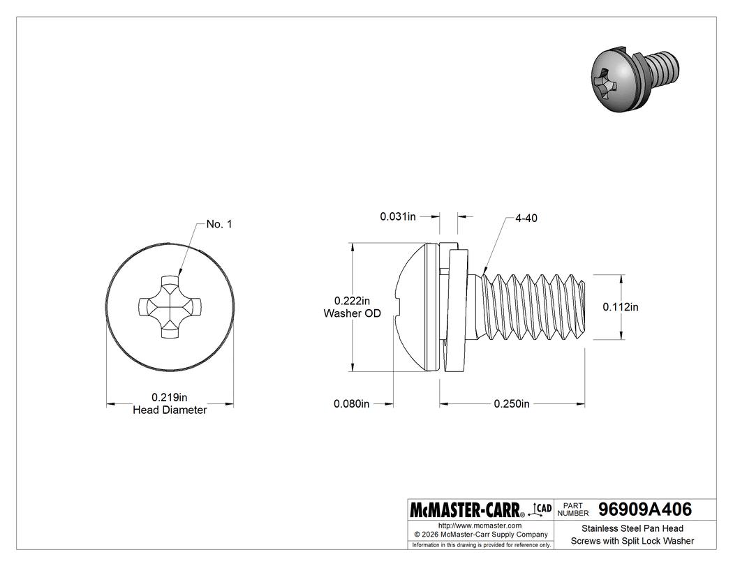 Technical Drawing of Stainless Steel Pan Head Screws with Split Lock Washer, 4-40 Thread Size, 1/4" Long.